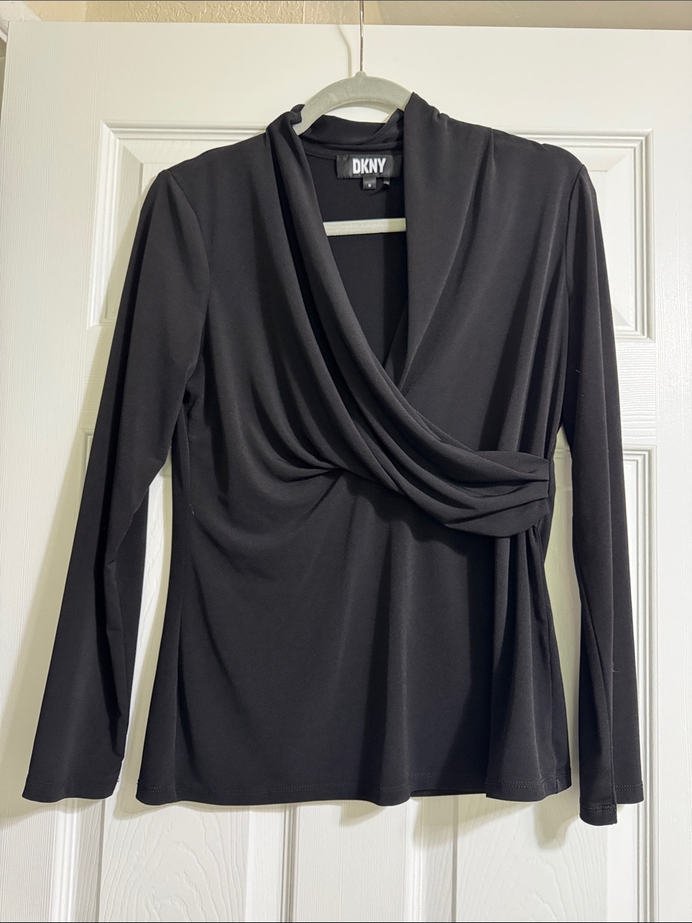 DKNY Black Draped Wrap-Front Long Sleeve Top